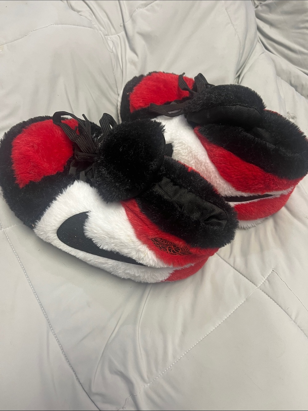 Nike Red Black White Plush Pom Slip-On Slippers